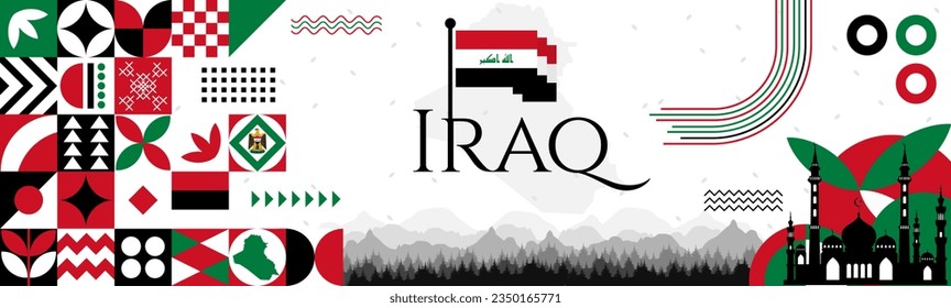 The Iraq Independence Day abstract banner design with flag and map. Flag color theme geometric pattern retro modern Illustration design. Red, Green and Black color template.