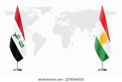 Banderas de Irak y Kurdistán para una reunión oficial contra el fondo del mapa mundial.