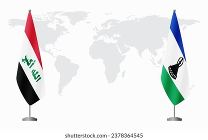Iraq and Lesotho flags for official meeting against background of world map.