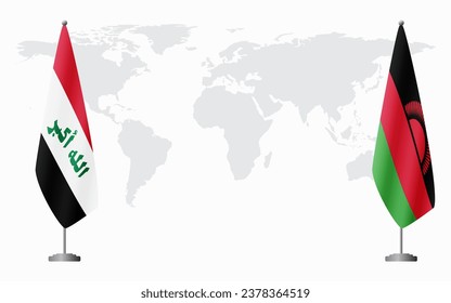 Iraq and Malawi flags for official meeting against background of world map.