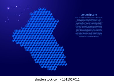 Iraq map from 3D classic blue color cubes isometric abstract concept, square pattern, angular geometric shape, glowing stars. Vector illustration.