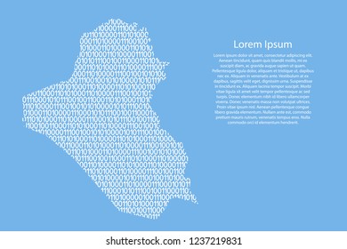 Iraq map abstract schematic from white ones and zeros binary digital code on light blue background for banner, poster, greeting card. Vector illustration.