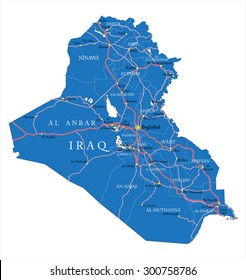 Iraq map with administrative regions, main cities and roads.