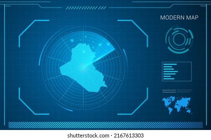Iraq map of blue digital frame technology radar vector HUD, GUI, UI interface.