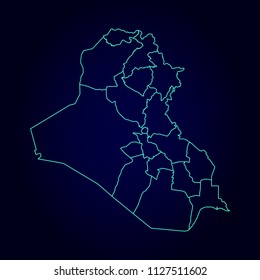 Iraq map: blue glitter outline with sparkling stars on dark background. Detailed map of Iraq. Vector illustration.