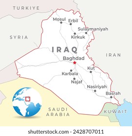 Iraq map with capital Baghdad, most important cities and national borders