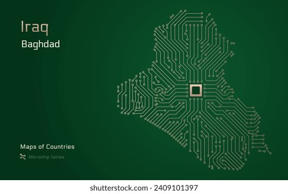 Mapa de Irak con la capital de Bagdad, mostrado en un modelo de microchip. Gobierno electrónico. Mapas vectoriales de países del mundo. Serie de microchips	