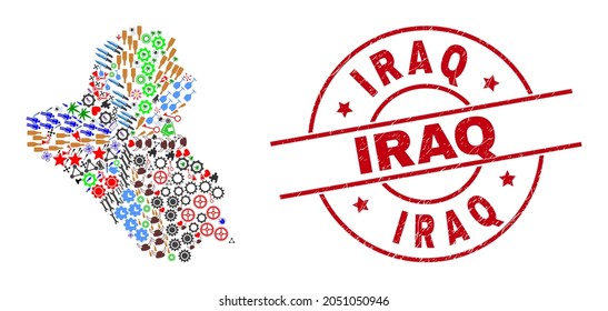 Iraq map collage and rubber Iraq red round stamp. Iraq stamp uses vector lines and arcs. Iraq map collage includes gears, houses, showers, suns, hands, and more icons.