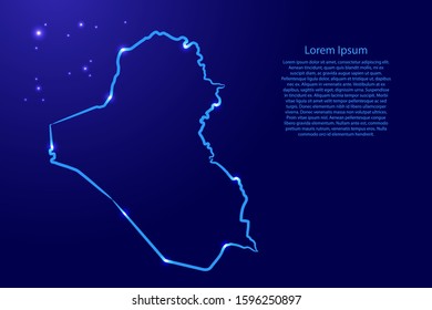 Iraq map from the contour classic blue color brush lines different thickness and glowing stars on dark background. Vector illustration.