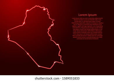 Iraq map from the contour red brush lines different thickness and glowing stars on dark background. Vector illustration.