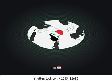 Iraq map in dark color, oval map with neighboring countries. Vector map and flag of Iraq