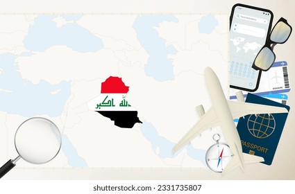 Iraq map and flag, cargo plane on the detailed map of Iraq with flag, passport, magnifying glass and airplane. Vector template.