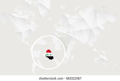 Iraq map with flag in contour on white polygonal World Map. Vector Illustration.