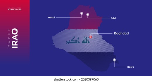 Iraq map with flag info graphic. Abstract vector map of Iraq with capital and major cities. Dots composition map on dark background.
