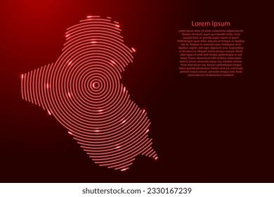 Mapa iraquí de futuristas círculos rojos concéntricos y brillantes estrellas para carteles, afiches, tarjetas de saludo
