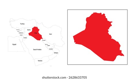 Iraq Map Graphic in Red Hue with Middle East Context for Cartography Design and Geographic Visualizations, Perfect for Education, Travel, and Political Illustration