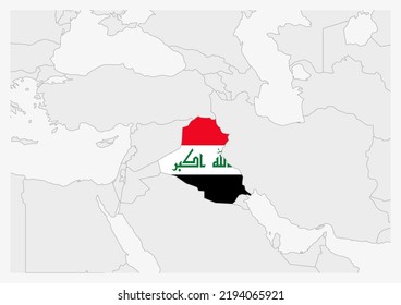 Mapa de Iraq resaltado en los colores de la bandera de Iraq, mapa gris con los países vecinos.