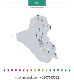 Iraq map with location pointer marks. Infographic vector template, isolated on white background. 