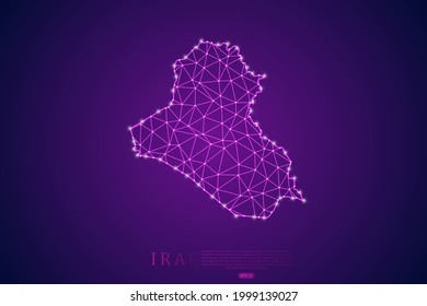 Línea de máscaras de mapas de Iraq y escalas de puntos sobre el fondo de la tecnología púrpura. Malla 3D del marco de cables línea de red poligonal, esfera de diseño, punto y estructura - Ilustración vectorial eps 10