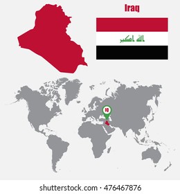 Iraq map on a world map with flag and map pointer. Vector illustration
