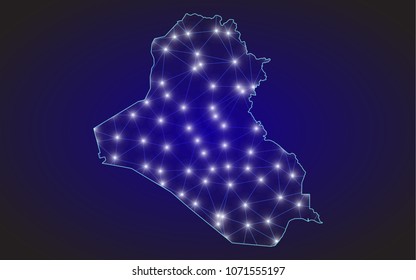 Iraq map of polygonal mosaic lines network, rays and space stars of vector illustration