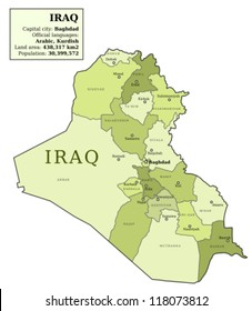 Iraq map with provinces (governorates) in various colours and cities: Baghdad, Mosul, Karbala, Najaf and others. Country information data table.