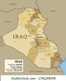 Iraq map with provinces (governorates) in various colours and cities: Baghdad, Mosul, Karbala, Najaf and others. Country information data table.