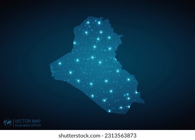 Mapa de Iraq de patrones radiales punteados en estilo futurista, diseño de contorno de círculo azul brillante hecho de estrellas. concepto de comunicación sobre fondo azul oscuro. EPS10 vectores