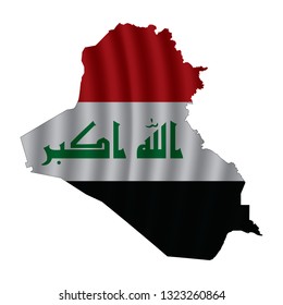 Iraq map with rippled flag on white illustration. Waving Fabric Flag Map of Iraq. Map of Asia. Vector White Background. Vector illustration eps10.