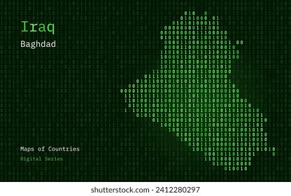 Iraq Map Shown in Binary Code Pattern. Matrix numbers, zero, one. World Countries Vector Maps. Digital Series