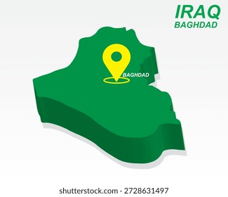 Iraq Map Vector, Bagdad Capital City Marker on Green 3D Country Shape, Iraq Infographic Design, Editable Destination Pointer Iraq Geography