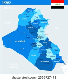 Iraq Map Vector Blue Spot - Customizable layered political map of Iraq with administrative divisions for website, education, reports, news, politics, print, poster and wallpaper