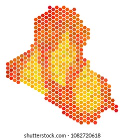 Iraq map. Vector hex-tile territory scheme using bright orange color tones. Abstract Iraq map collage is organized of flame hexagon dots.