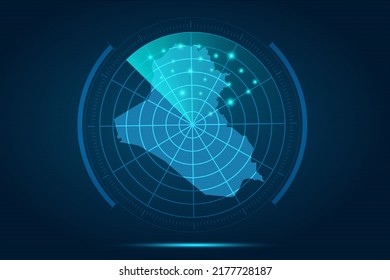 Mapa de Irak - Mapa Mundial Plantilla vectorial Internacional con el estilo de radar de círculo futurista HUD, GUI, interfaz de interfaz de usuario aislada en fondo azul para diseño, infografía - Ilustración vectorial eps 10