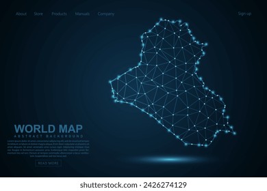 Mapa de Irak - Mapa del Mundo línea de masa y escalas de puntos sobre fondo azul de la tecnología. Línea de red poligonal de malla 3D de marco de alambre, esfera de diseño, punto y estructura - Ilustración vectorial eps 10