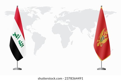 Iraq and Montenegro flags for official meeting against background of world map.