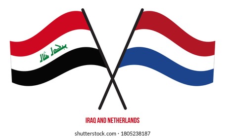 Iraq and Netherlands Flags Crossed And Waving Flat Style. Official Proportion. Correct Colors.