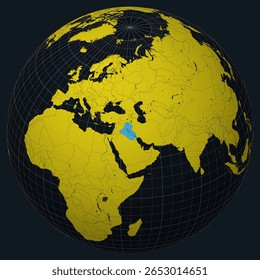 Iraque no Globo. Vista do país no mapa do mundo em Carvão amarelo brilhante paleta de cores. Forma do Iraque no mapa. Globo com meridianos, paralelos, países, rios e lagos. Bela ilustração vetorial.