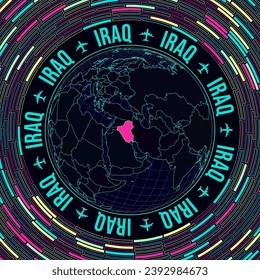 Iraq on globe. Satelite view of the world centered to Iraq. Bright neon style. Futuristic radial bricks background. Cool vector illustration.