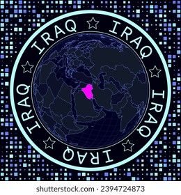 Iraq on globe vector. Futuristic satellite view of the world centered to Iraq. Geographical illustration with shape of country and squares background. Bright neon colors on dark background.