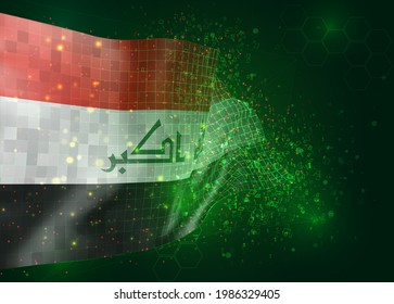 Iraq, sobre la bandera del vector 3d sobre el fondo verde con polígonos y números de datos