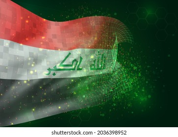 Iraq, on vector 3d flag on green background with polygons and data numbers