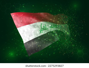 Iraq, on vector 3d flag on green background with polygons and data numbers