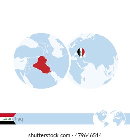 Iraq on world globe with flag and regional map of Iraq. Vector Illustration.