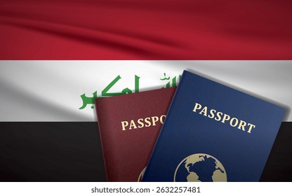 Pasaportes de Irak con la bandera de Irak	