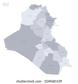 Mapa político de las divisiones administrativas en Irak - gobernaciones y la región del Kurdistán. Mapa vectorial gris con etiquetas.