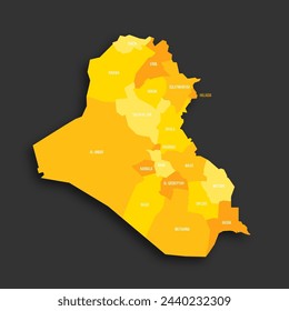 Politische Karte des Irak von administrativen Divisionen - Gouvernorate und Kurdistan Region. Flache Vektor-Map mit gelben Schattierungen und abgeworfenen Schatten auf dunkelgrauem Hintergrund.