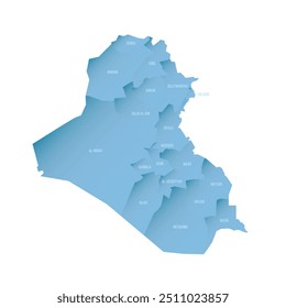 Mapa político iraquí de divisiones administrativas - gobernaciones y región del Kurdistán. Mapa de Vector sombreado con degradado azul en 3D y etiquetas de nombre