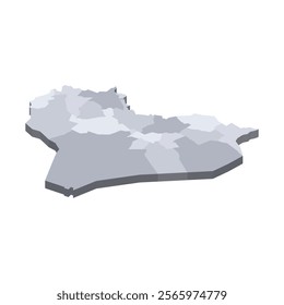 Iraq political map of administrative divisions - governorates and Kurdistan Region. 3D isometric blank vector map in shades of grey.