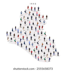 Iraq population map. Large group of realistic a diverse crowd of people figures in a shape of Iraqi map. Flat vector illustration isolated on white.